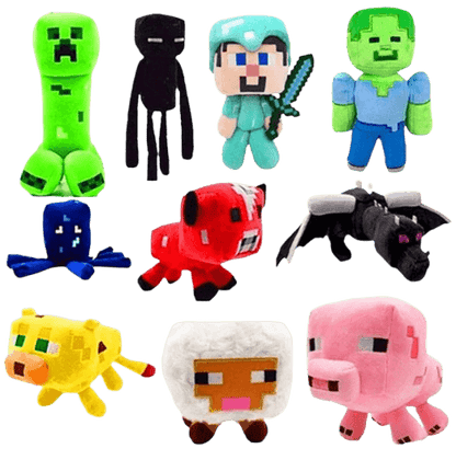Collection de peluches Minecraft incluant Creeper, Steve et Enderman pour les fans de jeux vidéo