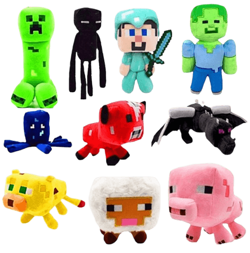 Collection de peluches Minecraft incluant Creeper, Steve et Enderman pour les fans de jeux vidéo